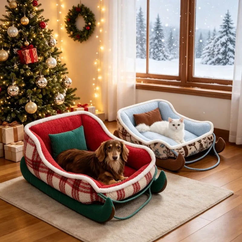 Christmas Sleigh Pet Bed - Cosy Plush Sofa Bed for Cats and Small Dogs