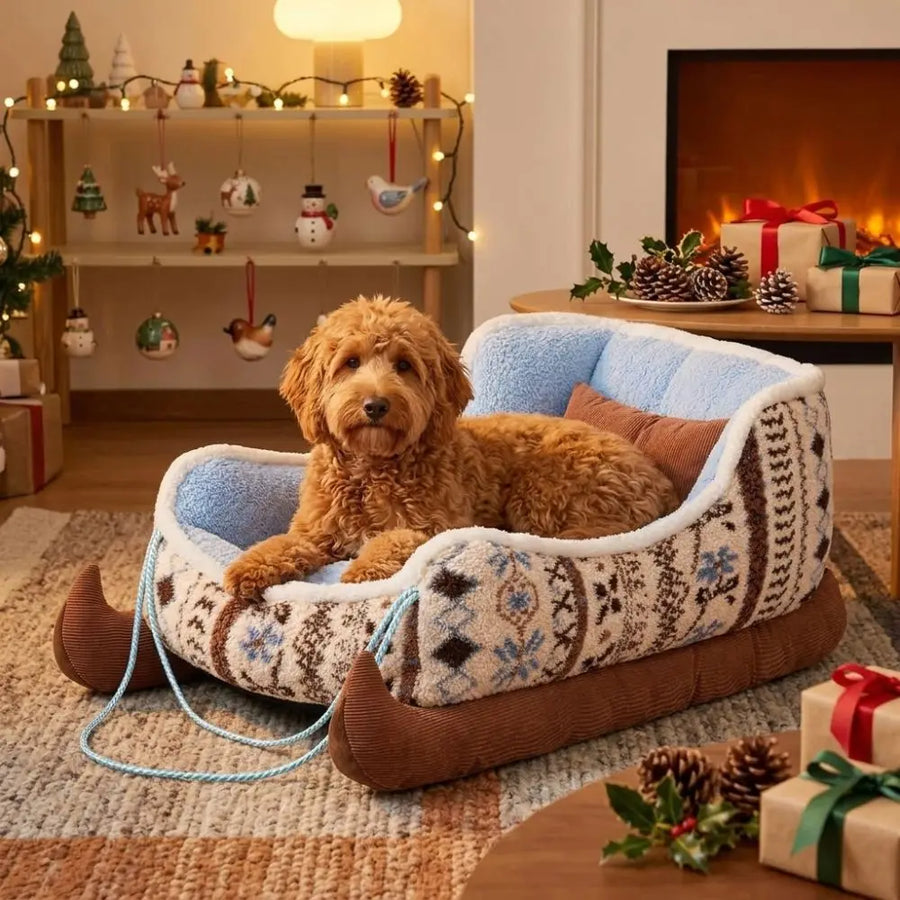 Christmas Sleigh Pet Bed - Plaid Plush Sofa Bed for Cats and Small Dogs