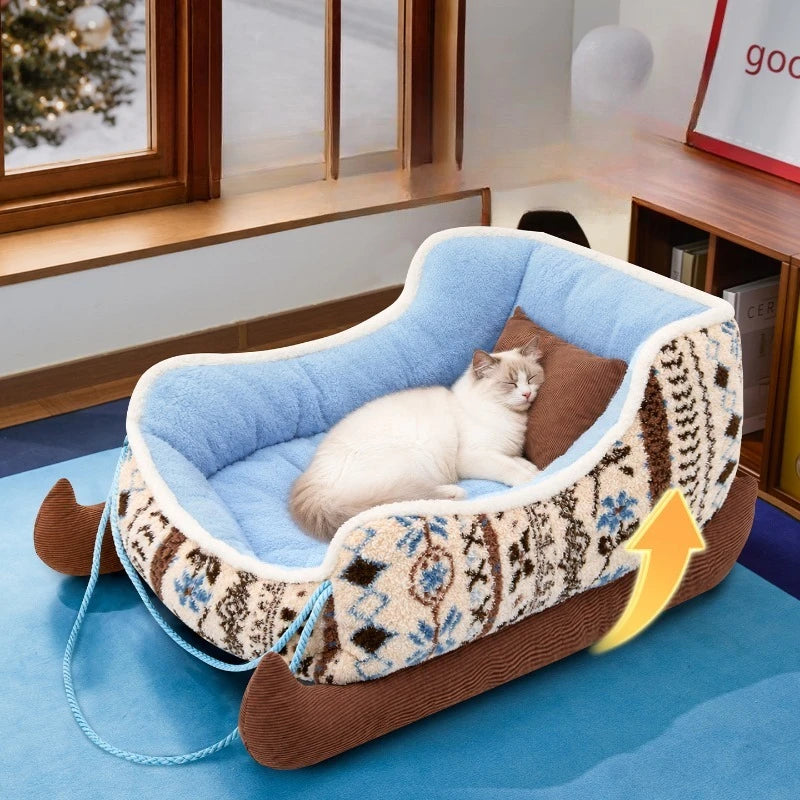 Christmas Sleigh Pet Bed - Cosy Plush Sofa Bed for Cats and Small Dogs