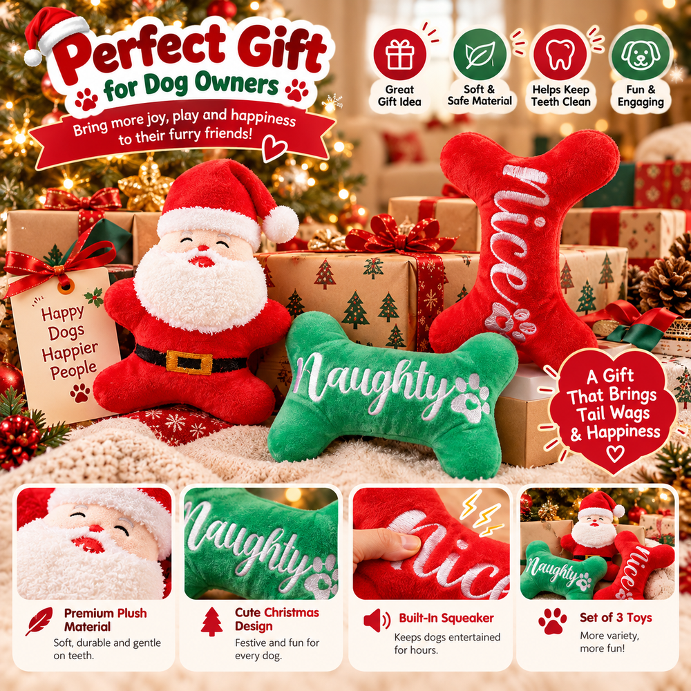 "Naughty or Nice" Christmas Squeaky Toy Set (3 Plush Toys)