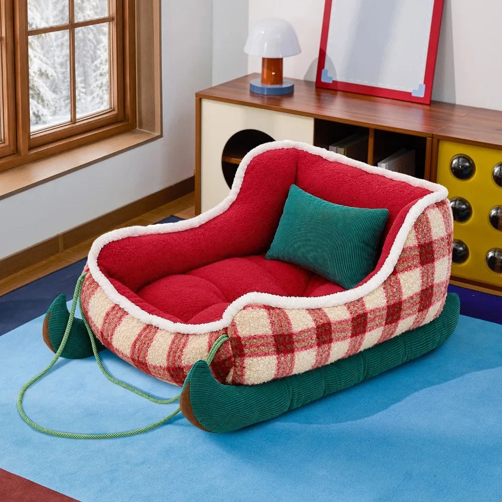 Christmas Sleigh Pet Bed - Plaid Plush Sofa Bed for Cats and Small Dogs
