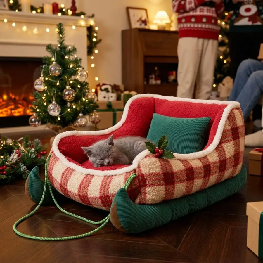 Christmas Sleigh Pet Bed - Plaid Plush Sofa Bed for Cats and Small Dogs