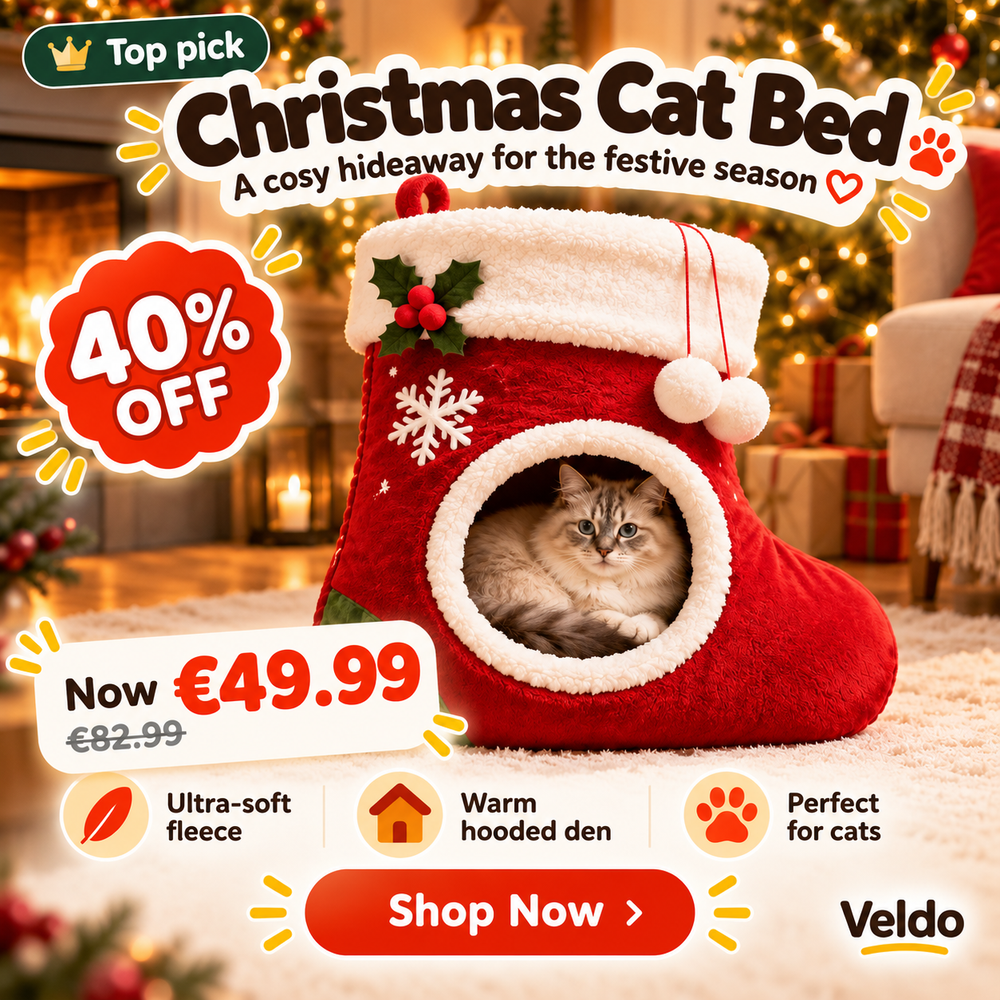 Christmas Stocking Cat Bed - Plush Cat Cave with Pompoms