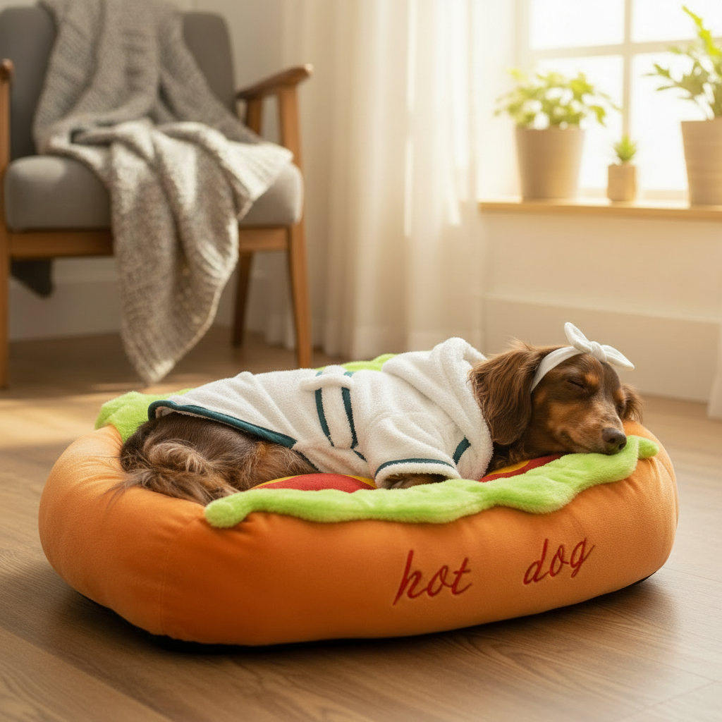 Dachshund in Striped Robe on Hot Dog Bed