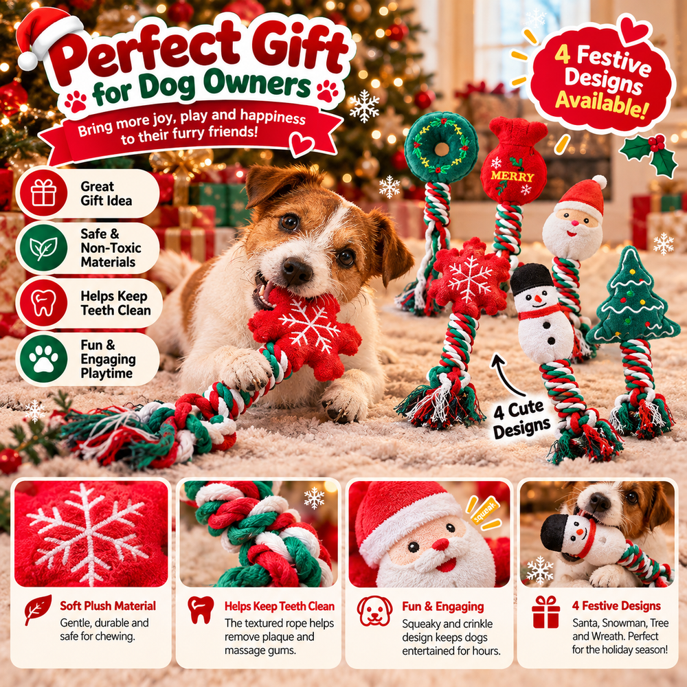 Christmas Rope Plush Dog Toys (3 or 6 Toys)